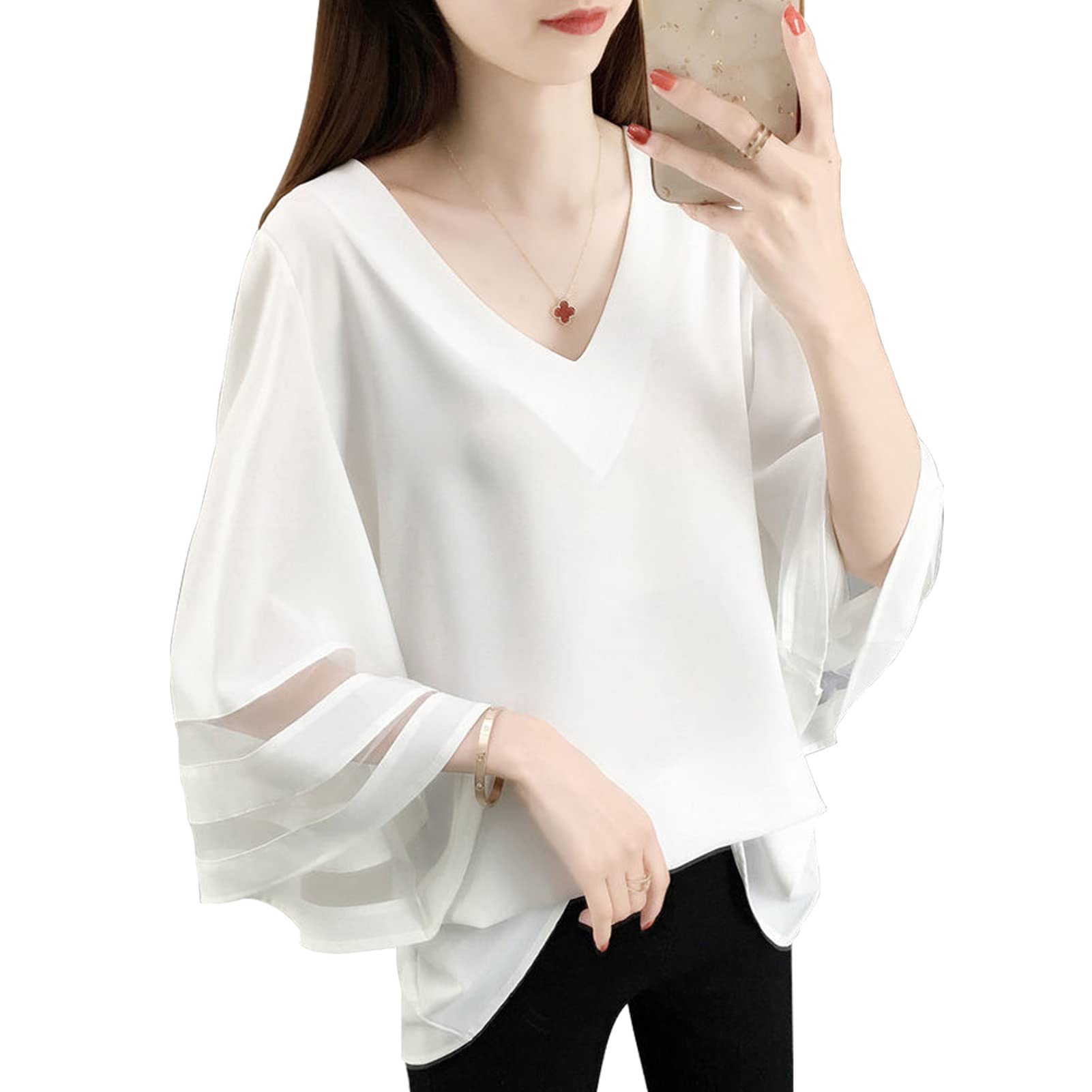 

Meme Extra Blouse for Short Short Sleeve Flared Cut and Summer Large Loose Commuting [MEME XTRA] Women, Sleeve, Summer, Spring, V-neck, T-shirt, Top, белый