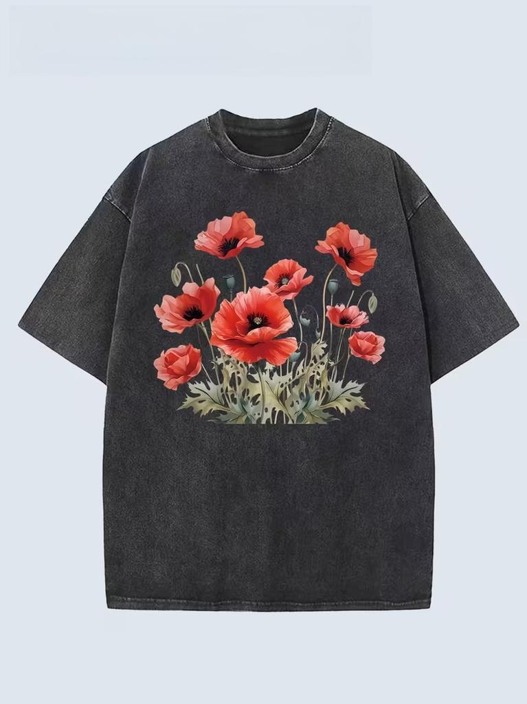 Vintage Wild Floral Graphic TShirt Relaxed Retro Washed Tee for Men Women Travel Daily Vacation Stylish Casual Street Looks