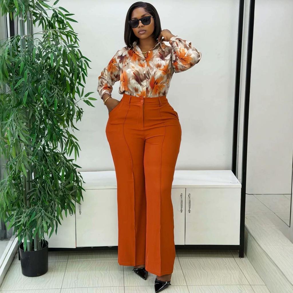 European and American Shirts Women's Long-sleeved Lapel Button-printed Shirts High-waisted Casual Trousers African Foreign-style Women's Two-piece Set
