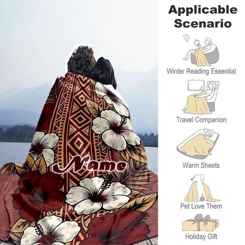 1PC Custom Name Hibiscus Flowers outdooor Flannel blankets Throw Blanket All-Season Throw Gift Bedspread for Couch, Bed, Camping Holiday Birthday gift