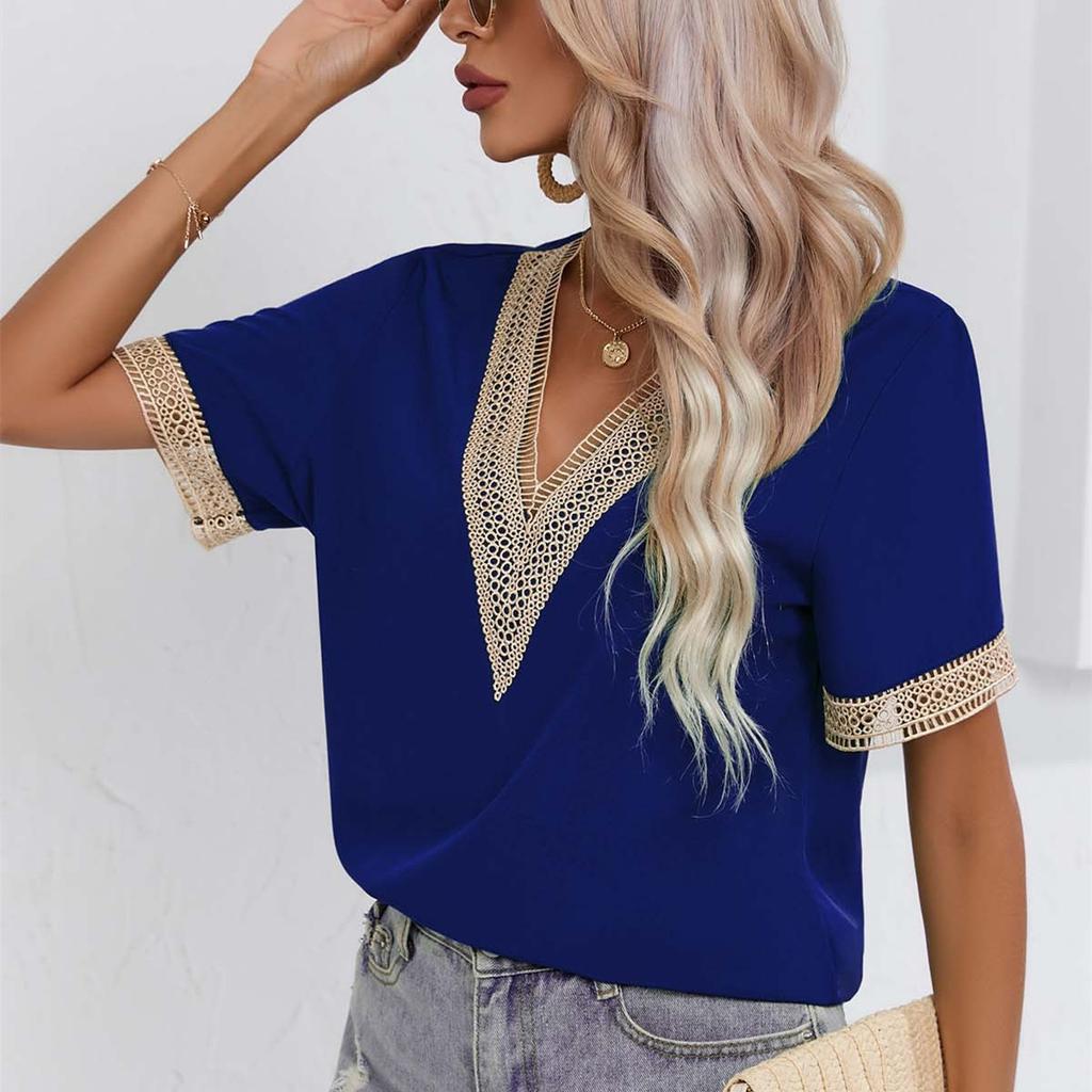 QICED Damenmode, lässig, Sommer, einfarbig, kurzärmelig, V-Ausschnitt, Blusen und Hemden