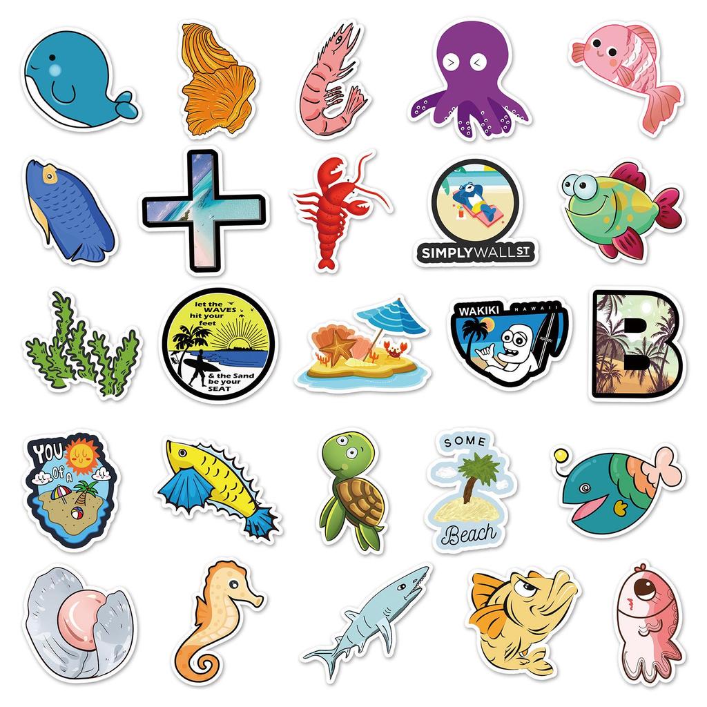 50 Ocean-Themed Children's Stickers: Cute Cartoon Animals for Suitcases, Diaries, Cars - Waterproof Decoration