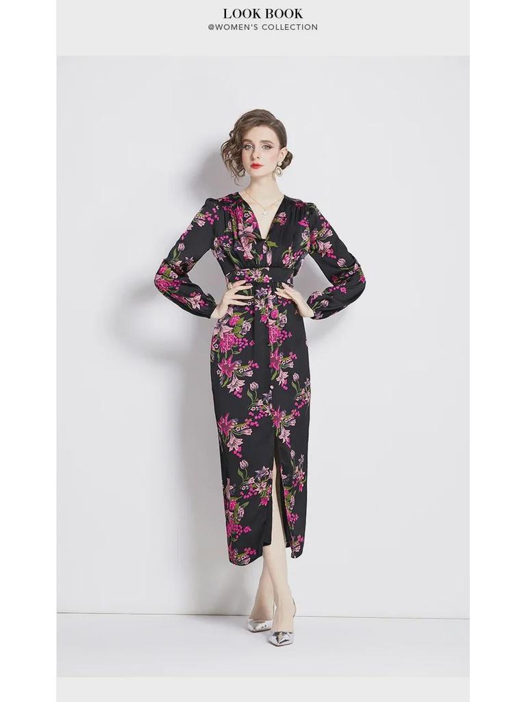 Elegantes Kleid mit Laternenärmeln und Print - Hochwertig, Leicht reifer Stil, Taillenbetont, Langer Rock für Frühlings- und Herbstabendgarderobe