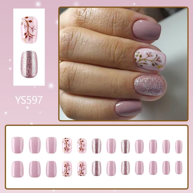 24 Pcs Short Square Press On Nail Purple Acrylic False Nail Glittering Artificial Nail Flowers Stick on Nail for Party