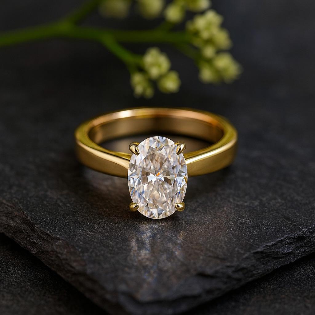 Oval Cut Diamond Ring – Yellow Gold Plated Solitaire Ring, Engagement, Wedding, Anniversary, Promise Ring, Gift for Her