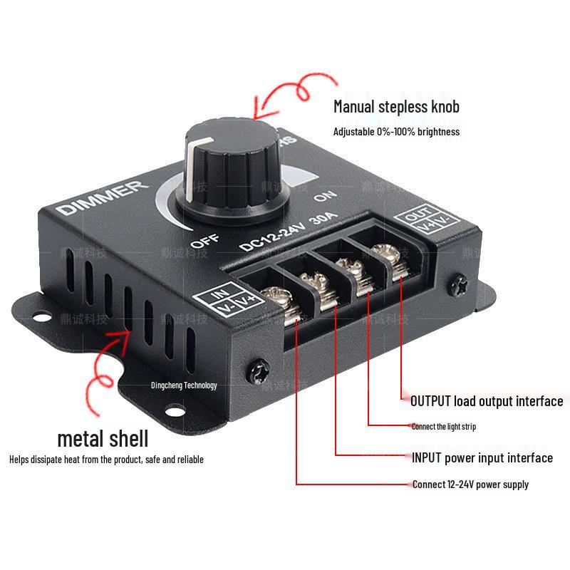 Single Color Stepless LED Strip Dimmer with Rotary Knob - Compatible with 12V/24V, 30A