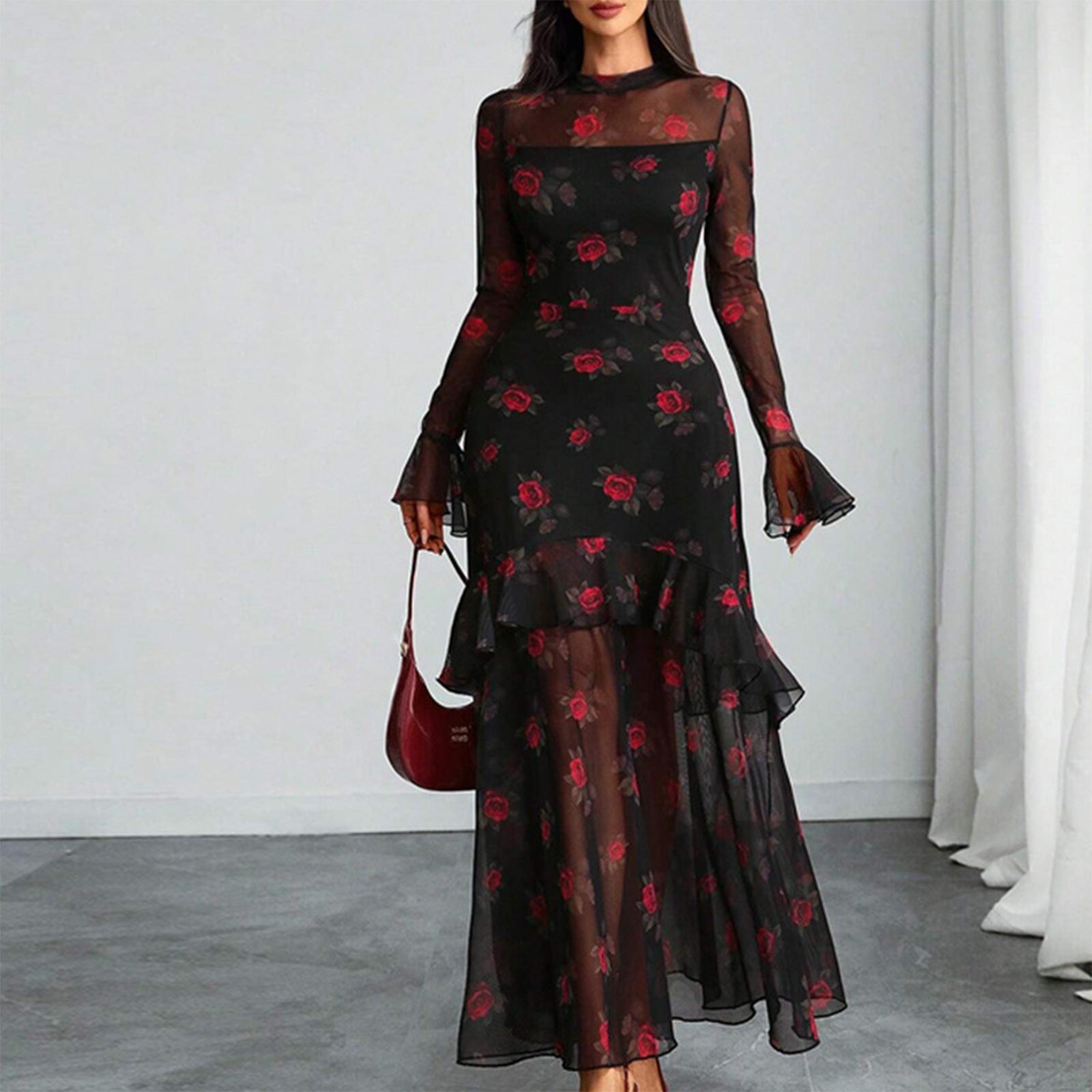 

Жіноча винтажна елегантна сукня з принтом та рюшами на рукавах, з круглим вирізом S червоний