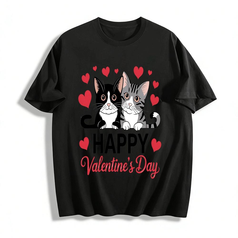 

Happy Valentine s Day Cute Couple Cats Printed Casual Top Pure cotton T-shirt XXS