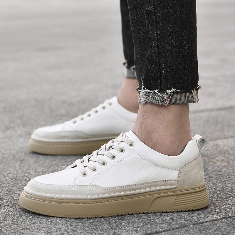 Men's shoes autumn first-layer cowhide white shoes trendy British style thick-soled lightweight sports shoes casual board shoes men
