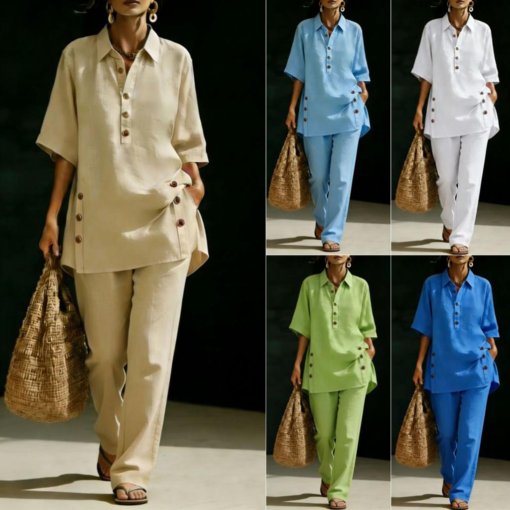 Women Two Piece Set Loose Fit Short Sleeve Shirt with Button Detail and Wide Leg Pants Casual Outfit for Everyday Wear