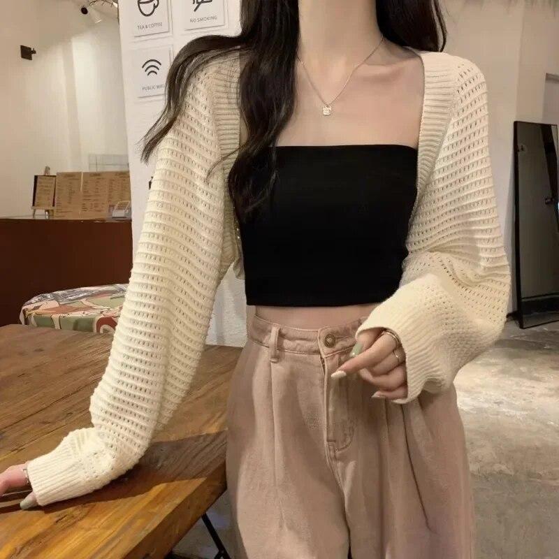 Lantern Sleeve Knit Cardigan Crochet Hollow Loose Women's Long Sleeve Thin Coat NewFashion Simple Casual Commuting Spring Autumn