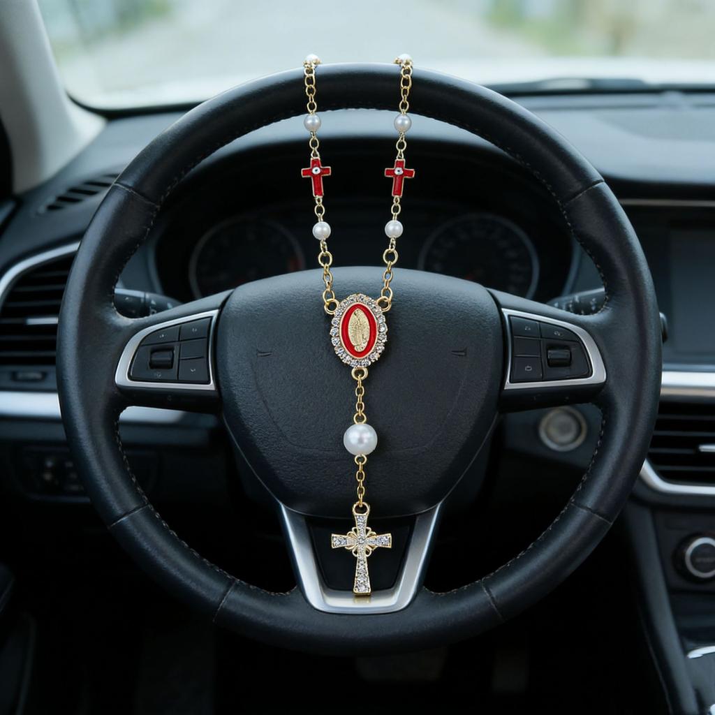 1pc Pink Pearl Cross Steering Wheel Rosary Ornament, Rosary Car Pendant Accessory, Unique Fashion Car Decor Accessory