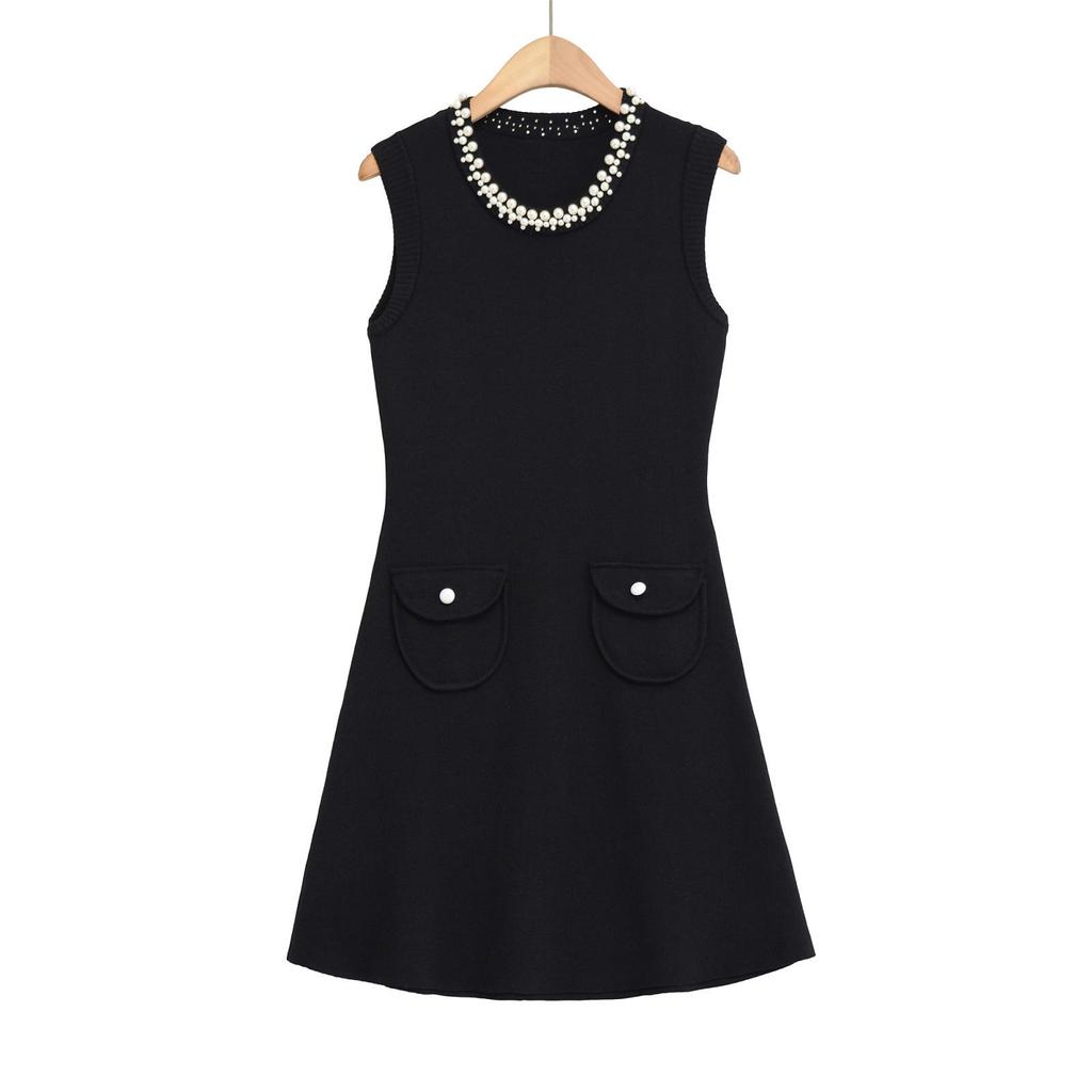 2025 Autumn French Chic Sleeveless Knit Dress with Studs and Rhinestones
