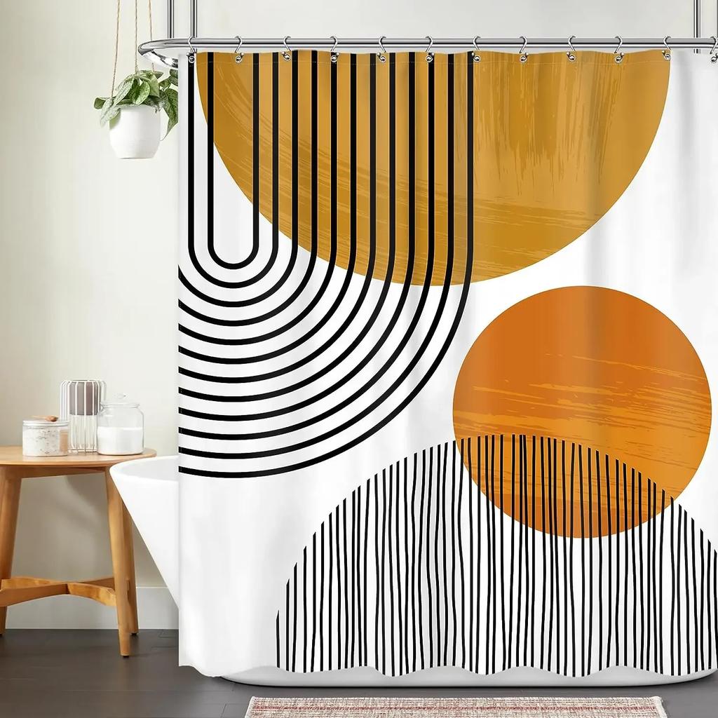Abstract Bohemian Shower Curtain Mid Century Arches Sun Leaves Modern Simple Aesthetic Lines Geometric Decorative Shower Curtain