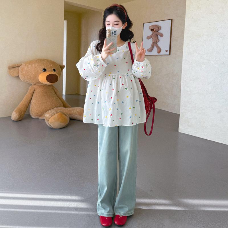 2026 Spring Korean Loose Embroidered Maternity Shirt Extra Large