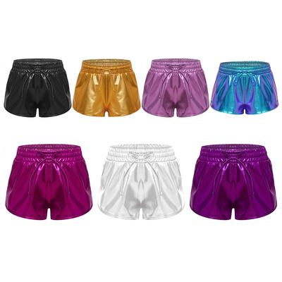 Shorts Metálicos para Niñas Cordón Cintura Elástica Brillo Hot Pants Parte Inferior de Baile Bolsillos Shorts Deportivos