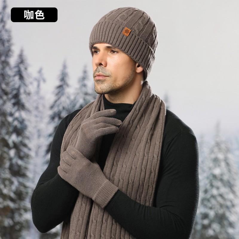 Winter Warm Knit Hat Scarf Gloves Set Men Alpaca Blend Double-Layer Fleece Lined Outdoor Cycling Accessory