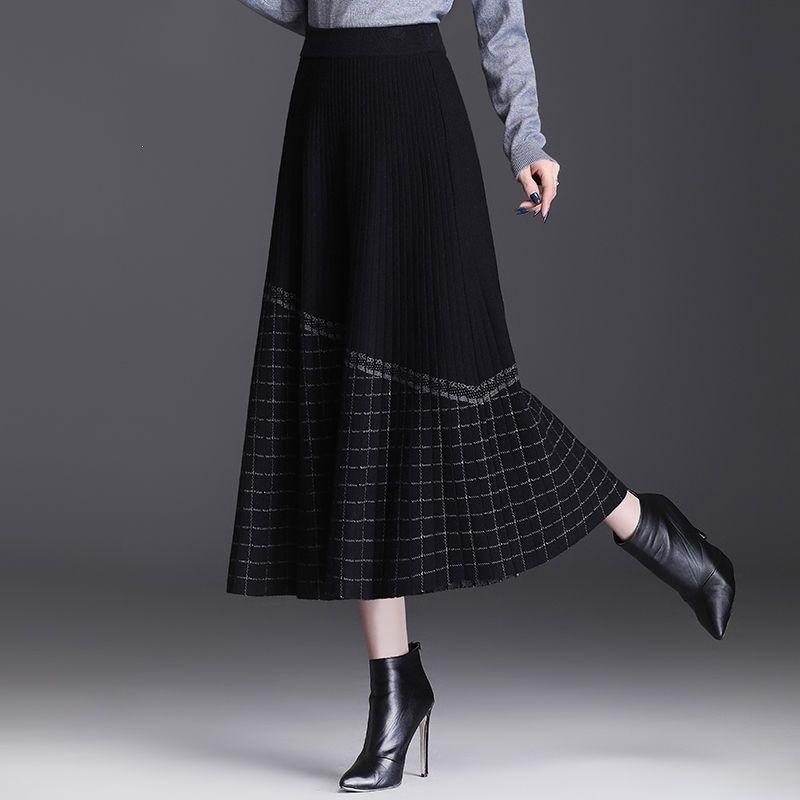 Women's Autumn Winter Midi Knitted Skirt Female Skirt High Waist Thicken Solid Slim A-line Skirt