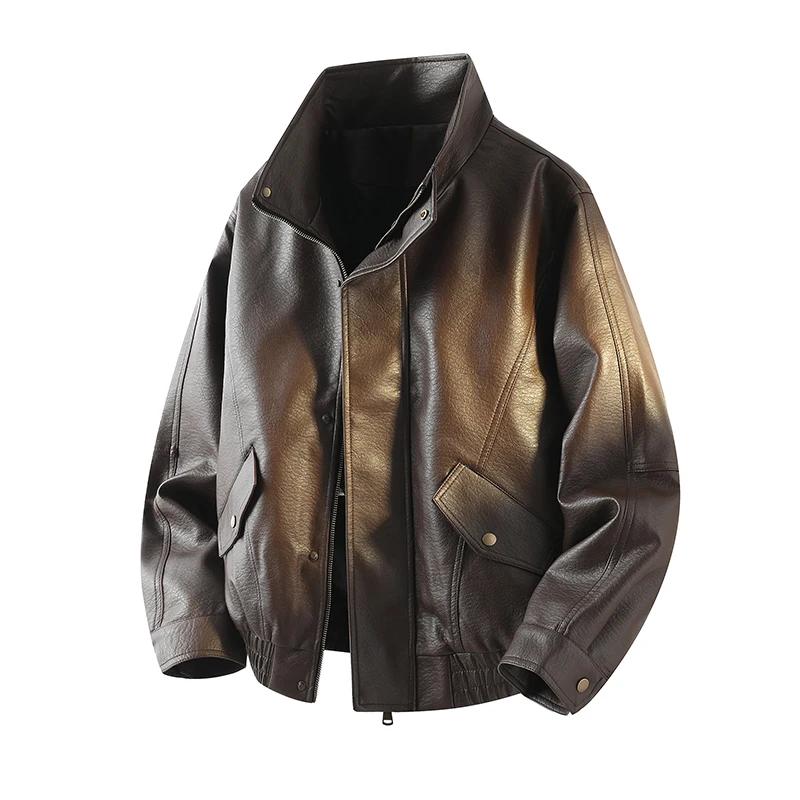 2026 Men Biker Leather Jacket Men Retro Black Coffee Jacket Autumn Men Pu Leather Coat Male Loose Motorcycle Faux Leather Coat