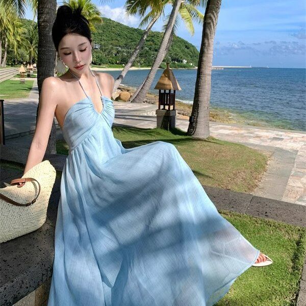 Seaside Vacation Super Fairy Atmosphere Halter Beautiful Sanya Photo Skirt French Neck Suspender Dress Summer