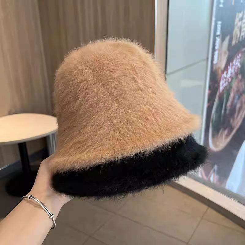 Face rabbit fur autumn and winter bucket hat versatile big head circumference basin hat white bucket plain hat warm plush basin hat