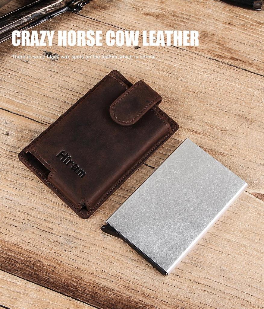Black Angel FRID Vintage Crazy Horse Leather Automatic Card Holder with Buckle - Genuine Leather Wallet.
