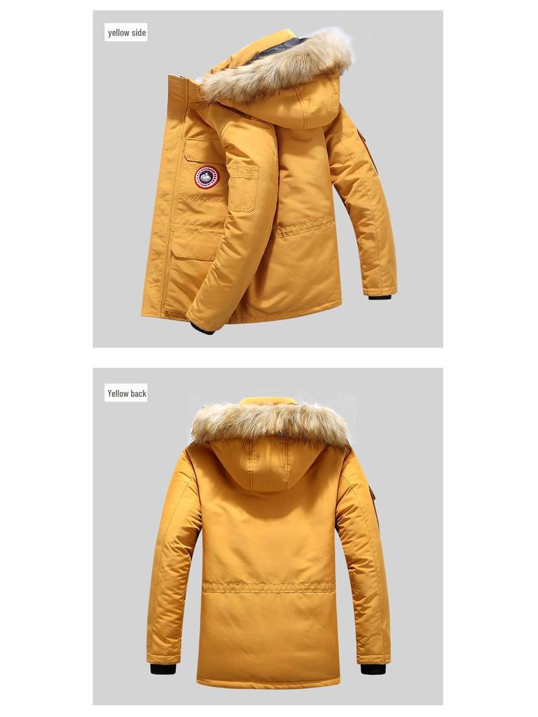 Men's Mid-Length Cotton Jacket with Fur Collar - Warm, Hooded, Windproof, Fashionable Outerwear