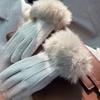 Winter New Outdoor Warm Plush Thick Gloves Women Touch Screen Elegant Vertical Striped Hairy Mouth Gloves Elegant Elastic Gloves