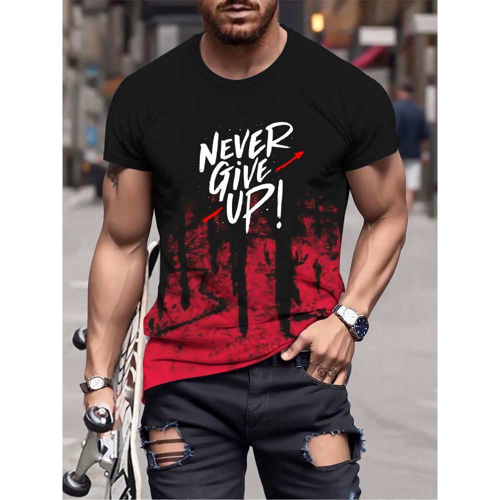 Never Give imprimat, confortabil și respirabil, tricou casual pentru bărbați, cu mânecă scurtă, elastic, potrivit pentru exerciții de vară