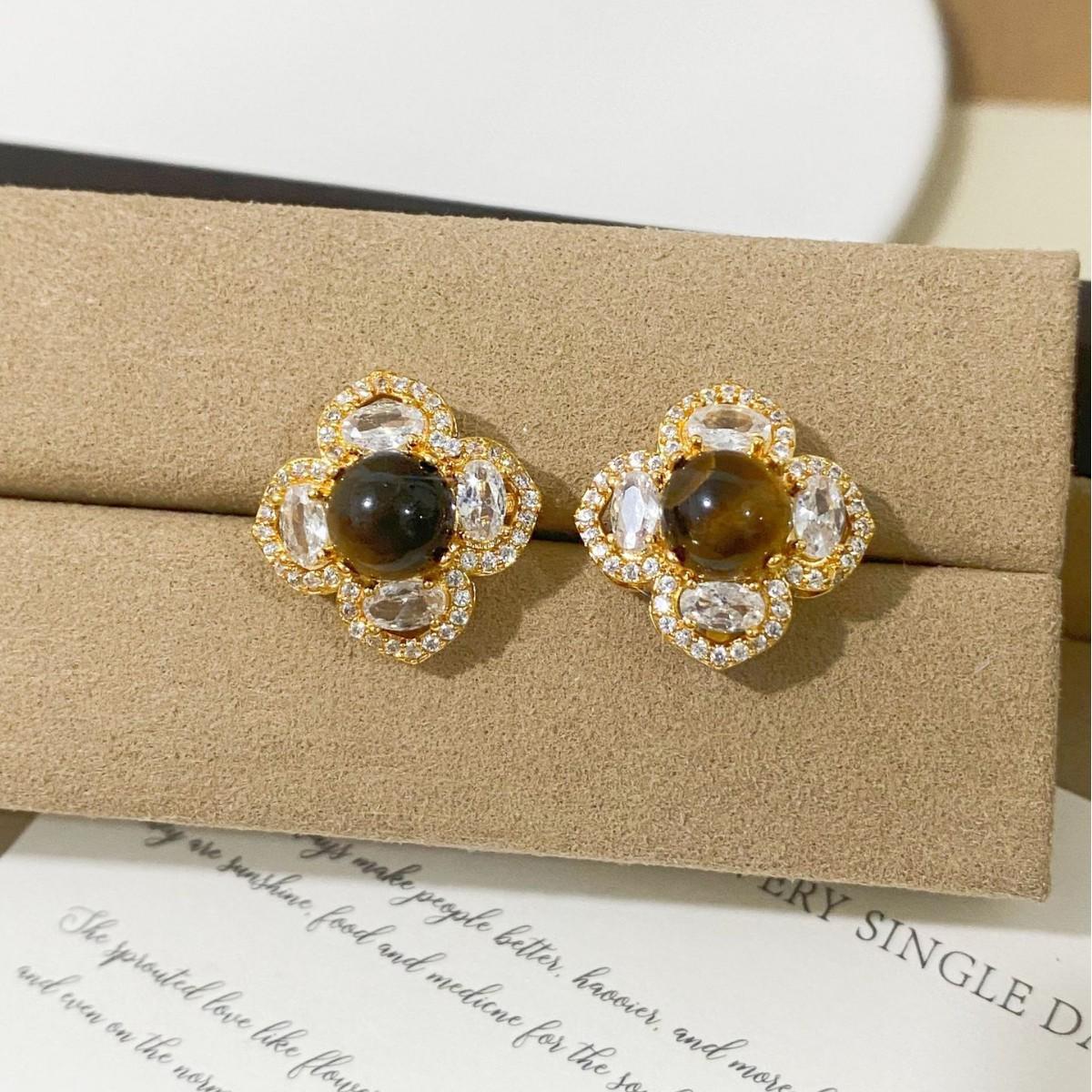 Elegant French Zircon Flower and Tiger Eye Stud Earrings for Women - Luxurious Melade Design