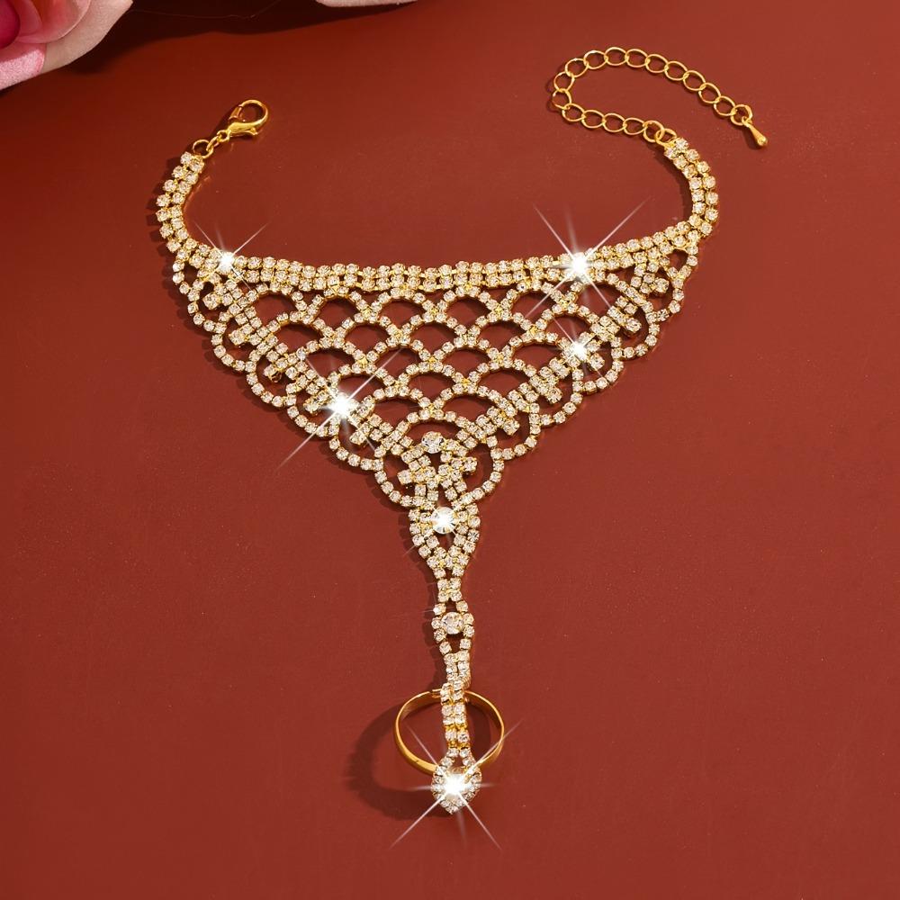 Versatile Rhinestone Hand Chain Fashion Finger Chain Ring Bracelet for Weddings