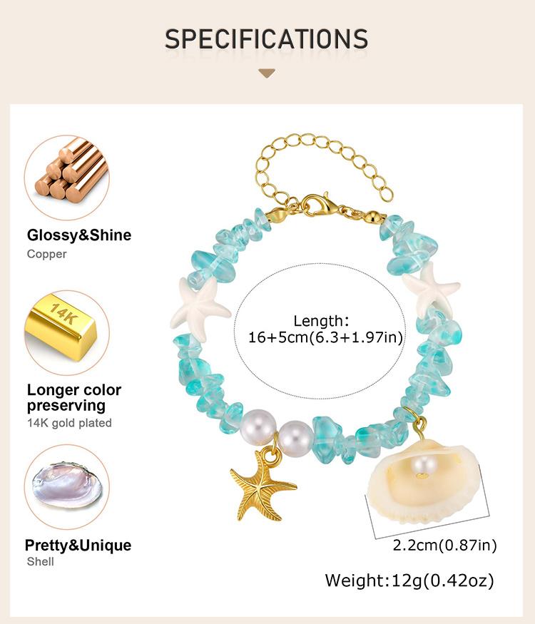Starfish Shell Crushed Stones Pearl Beads Bracelet for Women, Gold Color Summer Beach Aesthetic Jewelry