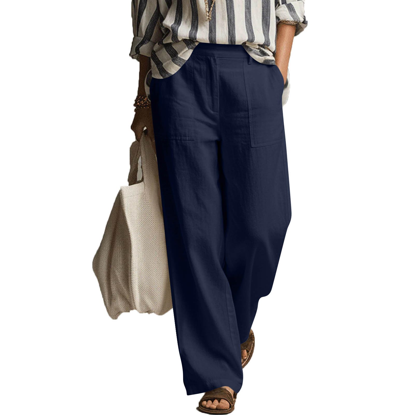 

Women Loose Fit Wide Leg Pants Casual High Waist Straight Trousers with Patch Pockets for Everyday Wear S Темно-синій
