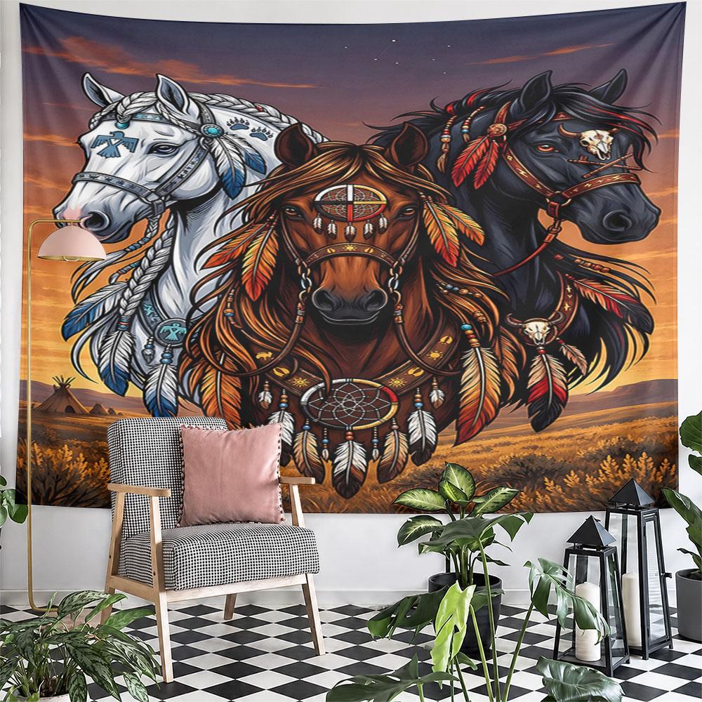 "Tribal Horses with Dreamcatcher Design" Pattern Wall Hanging Tapestry Decorative Tapestry Home Decor for Bedroom and Living Room