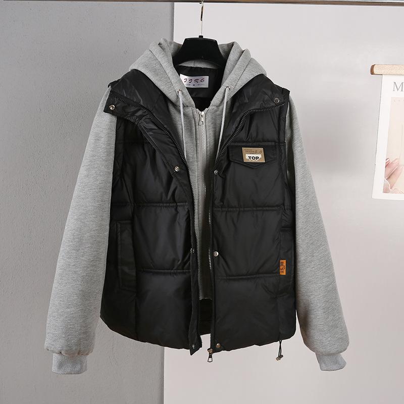 Winter New Velvet Jacket Short Versatile Korean Version Hooded Splicing Down Cotton Jacket