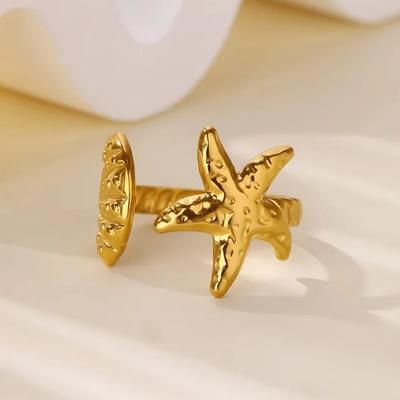 Starfish Shell Rings for Women Gold Color Stainless Steel Starfish Adjustable Ring Summer Ocean Style Jewelry Beach Accessories