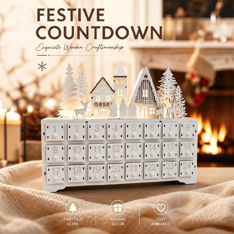 24 Drawer Wooden Advent Calendar In Christmas Village Style, Lighted Indoor Piece for Shelf Display and Daily Seasonal Tradition