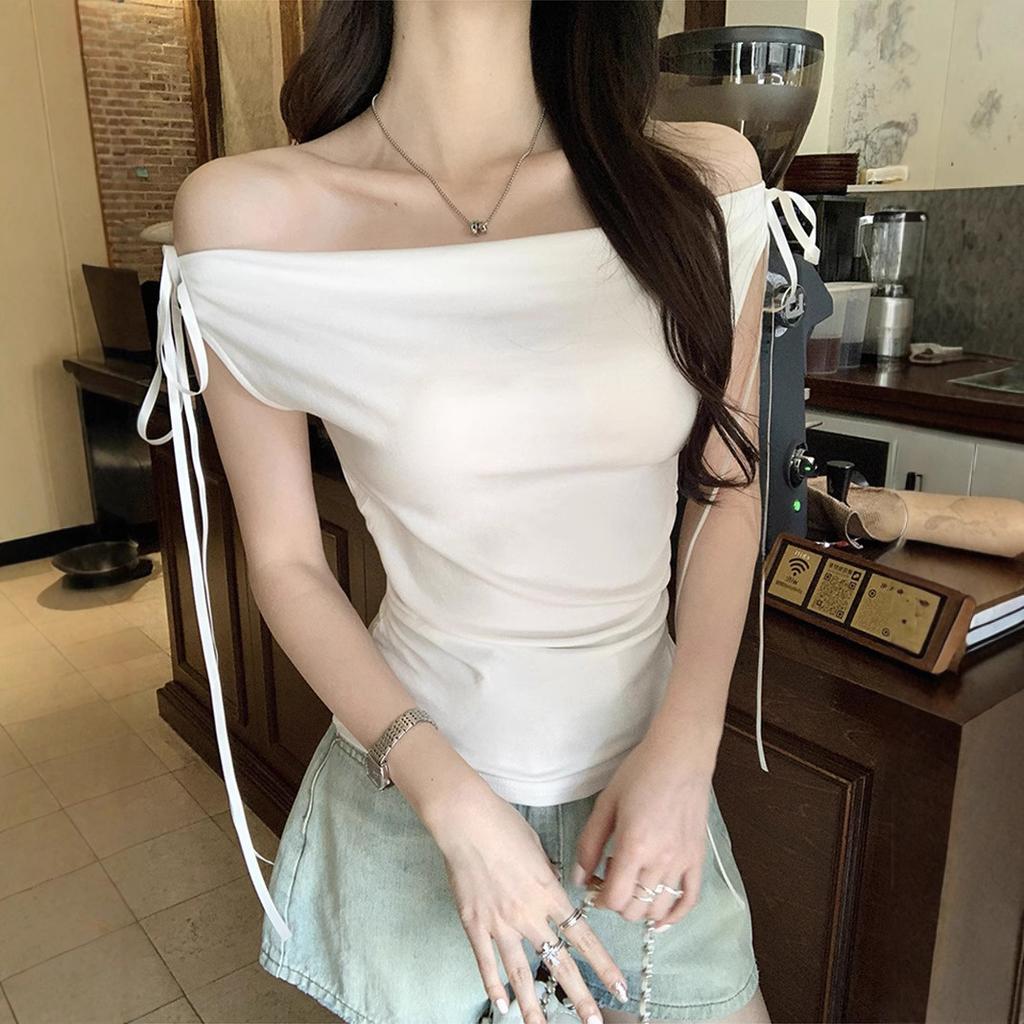 Pure Desire To Lace Up One-word Shoulder Short-sleeved T-shirt Women's New Summer Dress Slim and Thin Temperament Fashion Short Top