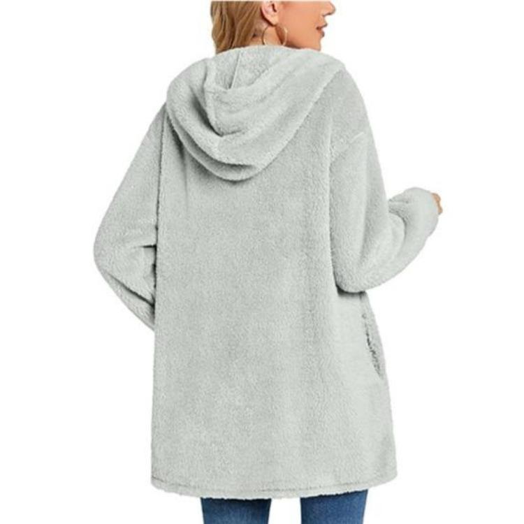 Manteau Long Décontracté en Polaire pour Femme Veste à Capuche Sherpa Oversize avec Poches Bouton Duvet Vêtement d'Extérieur Moelleux
