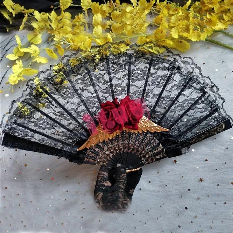 Lolita Cosplay Hand Held Fan Gothic Angel Wing Feather Rose Bead Chain Lace Flower Black Folding Fan Dance Photo Props Halloween