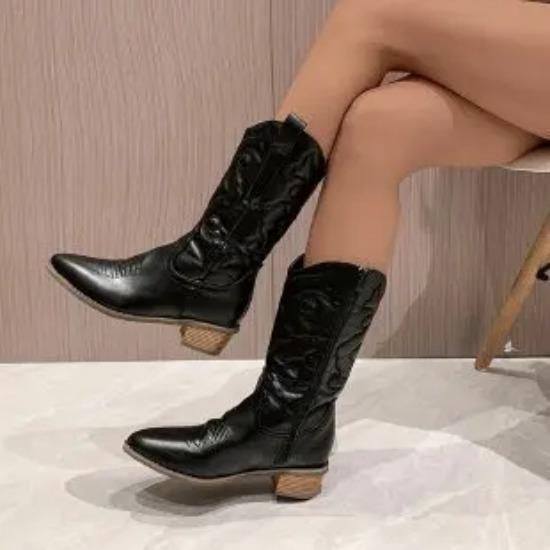 Gold Mid-calf Boots Woman Side Zipper Silver Pointed Western Cowboy Boots Retro Fashion Black Boot Plus Size 36-43 Women Shoes
