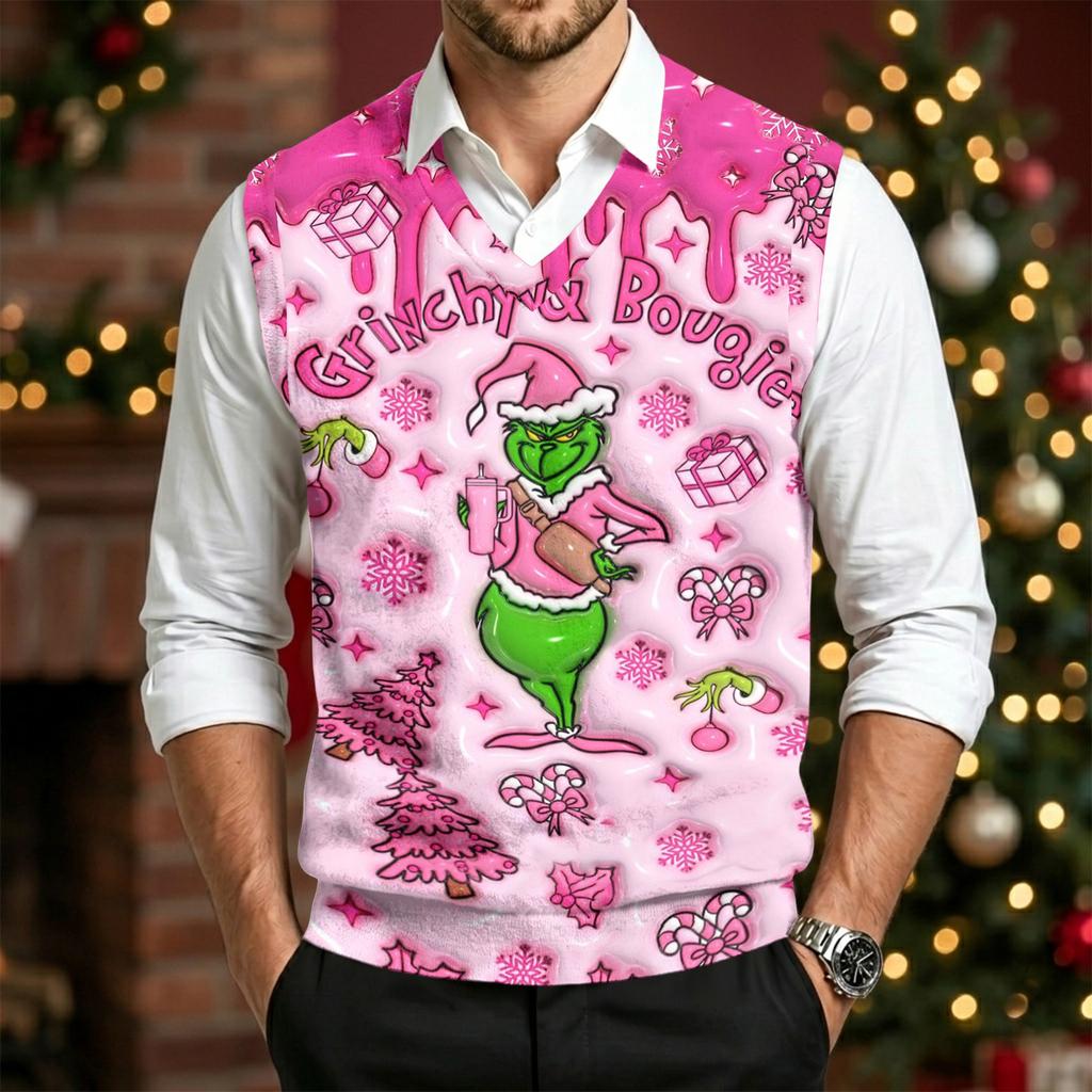 Men's Casual Wool V-Neck Sweater Vest with Christmas Print for Commute and Daily Wear