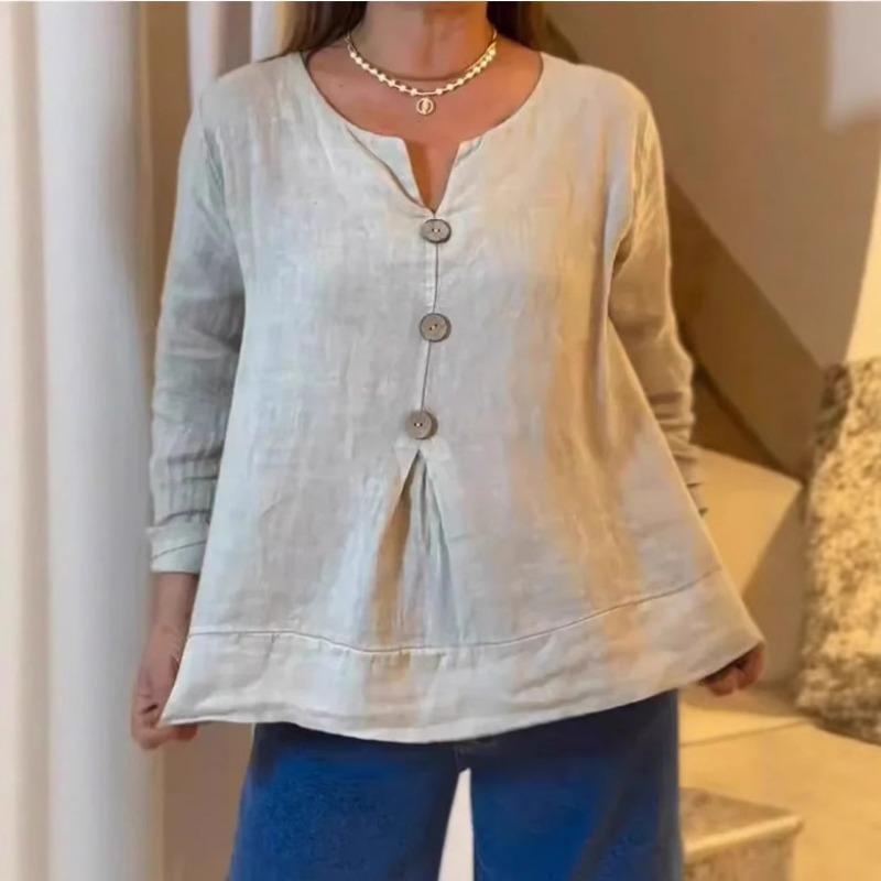 Letnia Luźna Koszula Kobiety Moda Dekolt w Serek Bawełna i Len Zapinana na Guziki Top Casual Wakacje Biuro Białe Koszule Odzież Damska