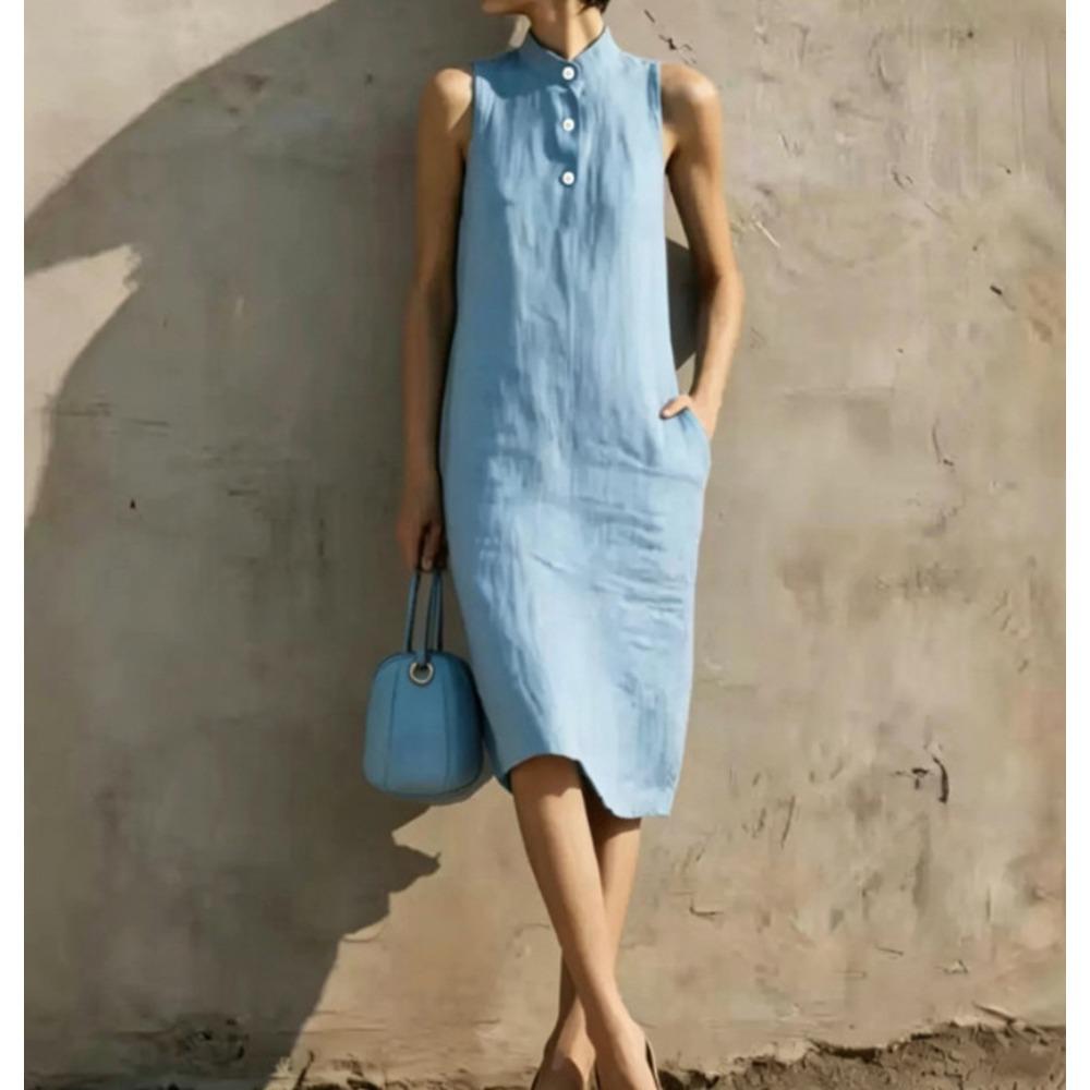 Women's Linen Blend Sleeveless Stand Collar Midi Dress with Button Detail and Pockets