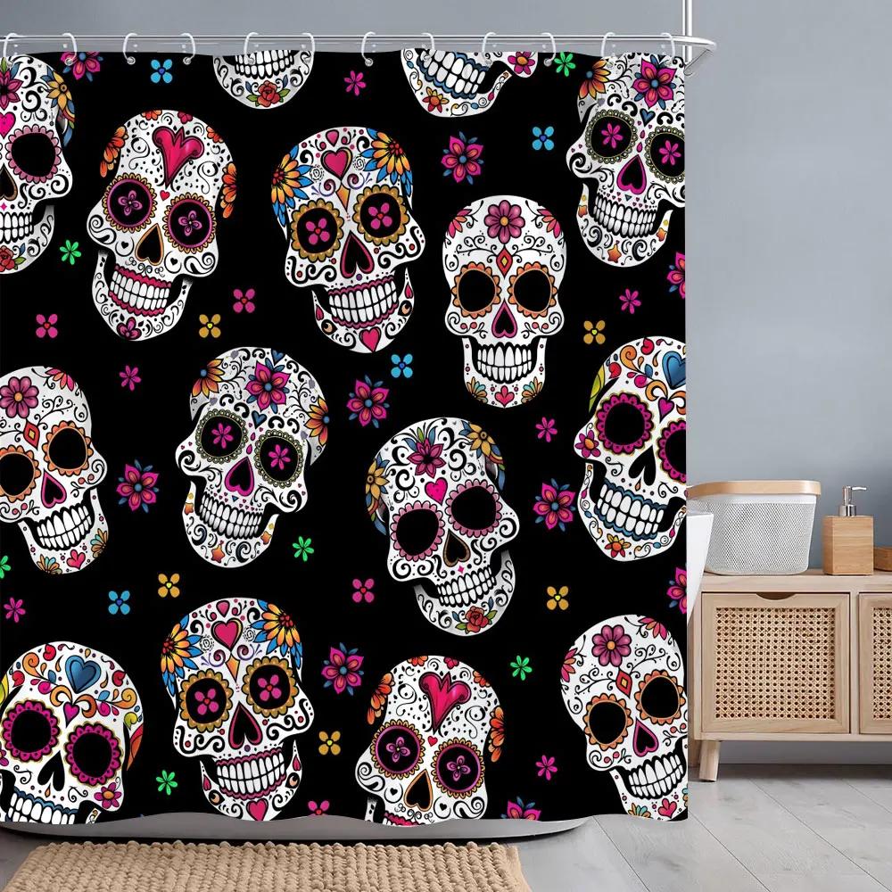 Halloween Skulls Roses Shower Curtain Horror Skulls Crows Red Flowers Polyester Fabric Shower Curtains Bathroom Decor with Hooks