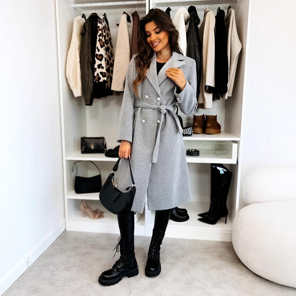 Women's Commuting Coat Winter Temperament Street Trend Solid Color Double Breasted Buckle Long Sleeve Tied Woolen Coats