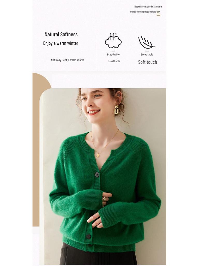 Women's Thick Cashmere Round Neck Raglan Sleeve Sweater Cardigan - Loose Fit, Autumn/Winter Versatile Outerwear