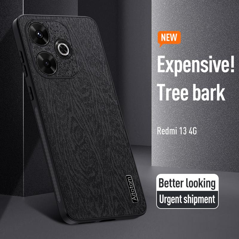 

For Xiaomi Redmi 13 5G/13 4G Case Wood Texture Leather+PC+TPU Hybrid Phone Cover Green