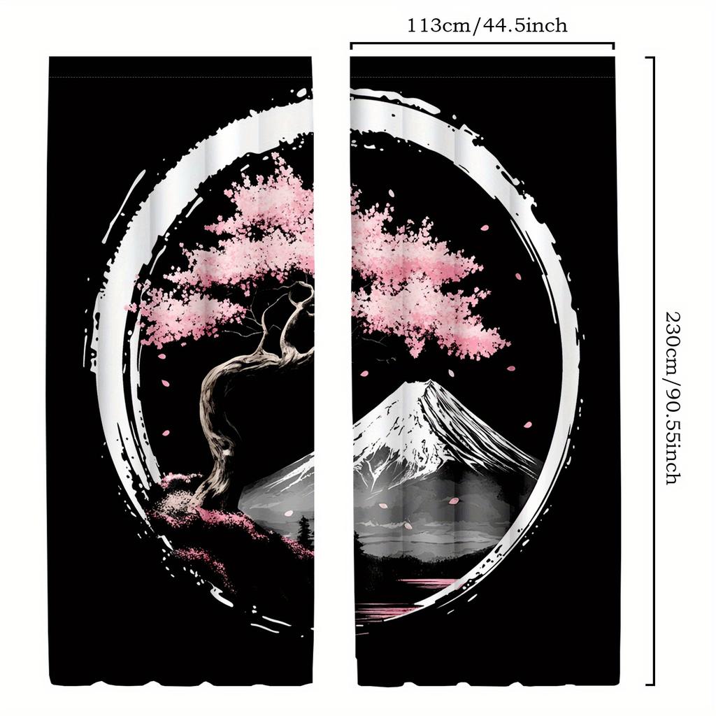 2pcs Classic Japanese Style Polyester Bedroom Curtains   Mount Fuji & Sakura Cherry Blossom Print with Wave Design   Elegant Home