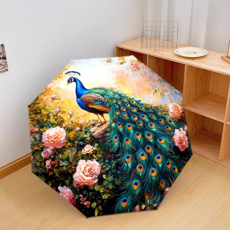 1 PC Automatic Folding Umbrella - Peacock Garden Pattern, Portable & Foldable Design with 8 Ribs, Christmas Birthday Gifts